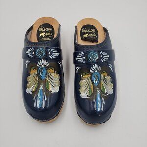 Dala Clogs Women's Wooden Shoes Blue Hand Painted Size 37 Dutch Holland